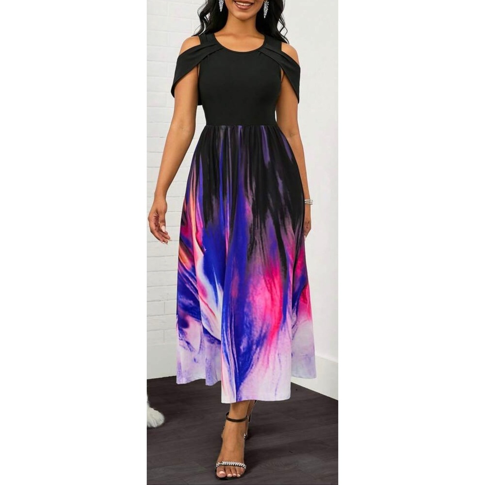Unbranded Watercolor Abstract Print Maxi Dress Women Size Medium Black Purple